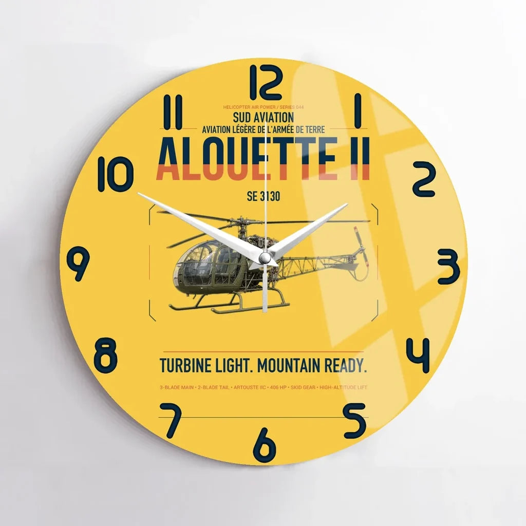 Sud Aviation SE 3130 Alouette II design on yellow no frame wall clock