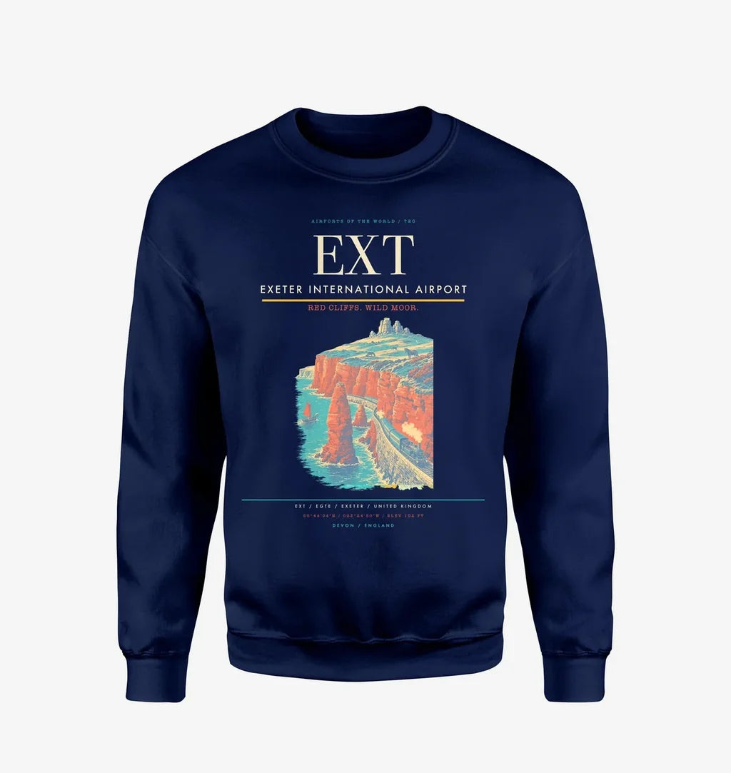 Exeter International Airport (EXT) design on navy blue sweatshirt