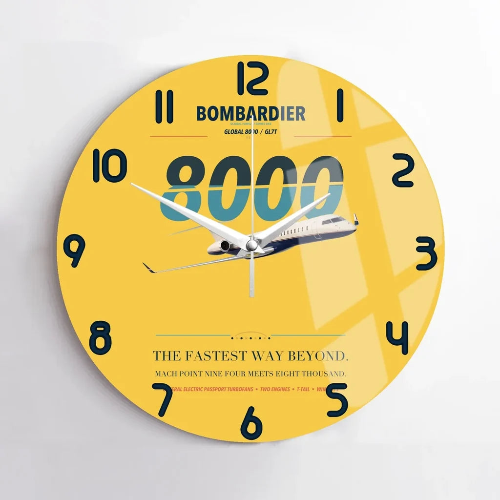 Bombardier Global 8000 design on yellow no frame wall clock