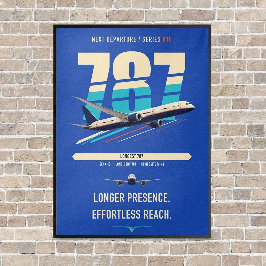 Boeing 787-10 Dreamliner vertical canvas print - framed - blue background