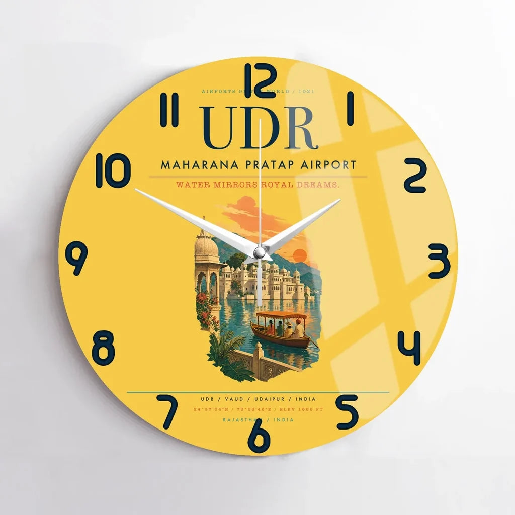 Maharana Pratap Airport (UDR) design on yellow no frame wall clock