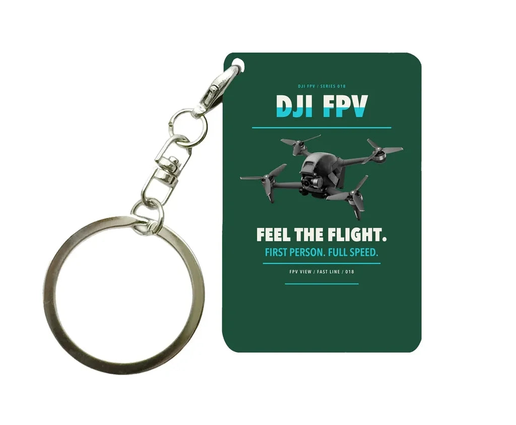 DJI FPV Key Chain design on dark green key chain