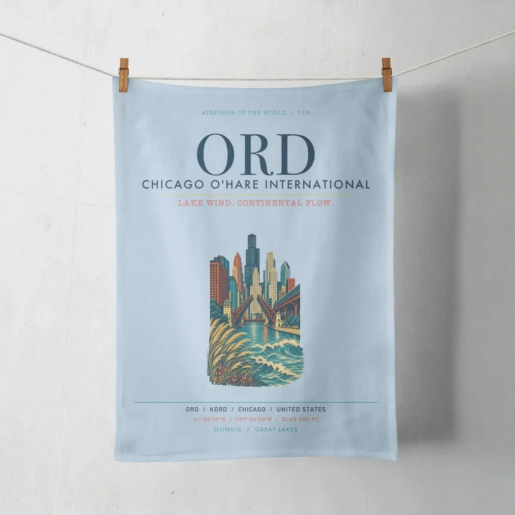 Chicago O'Hare International Airport (ORD) design on light blue towel
