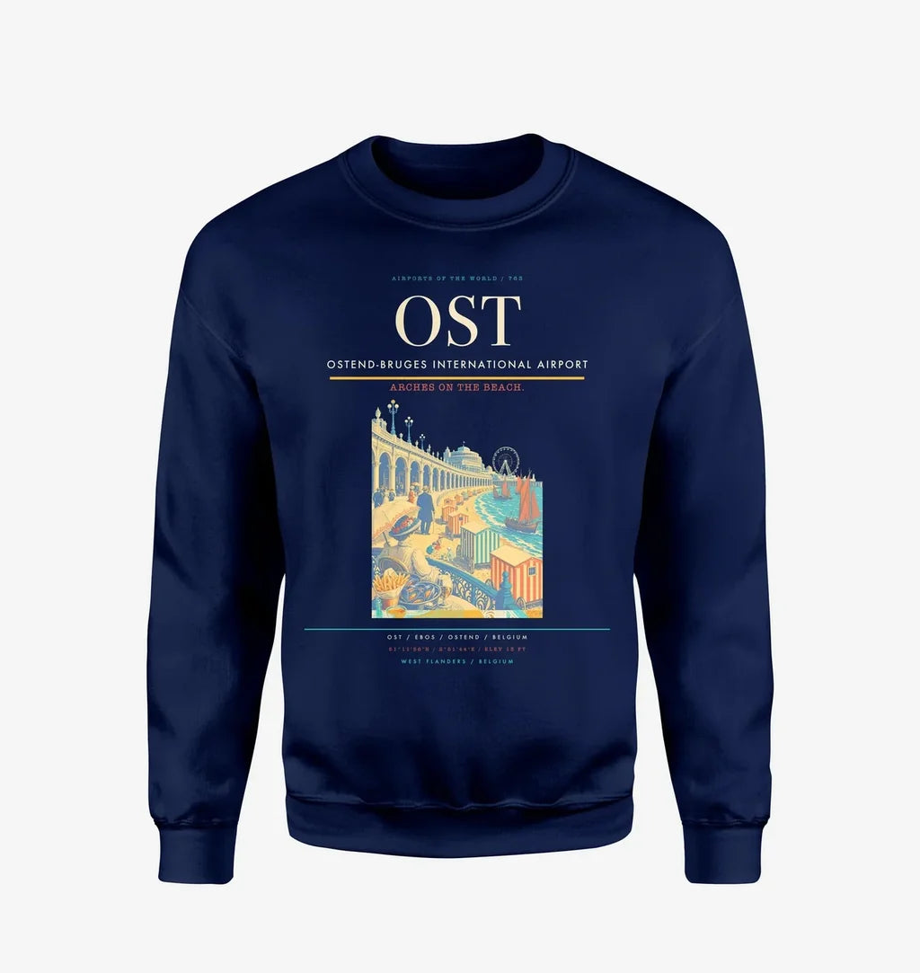 Ostend-Bruges International Airport (OST) design on navy blue sweatshirt