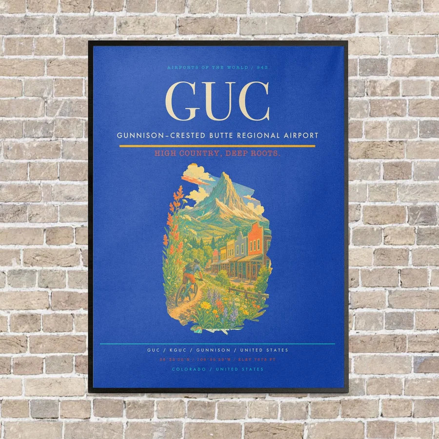 Gunnison–Crested Butte Regional Airport GUC vertical canvas print - framed - blue background