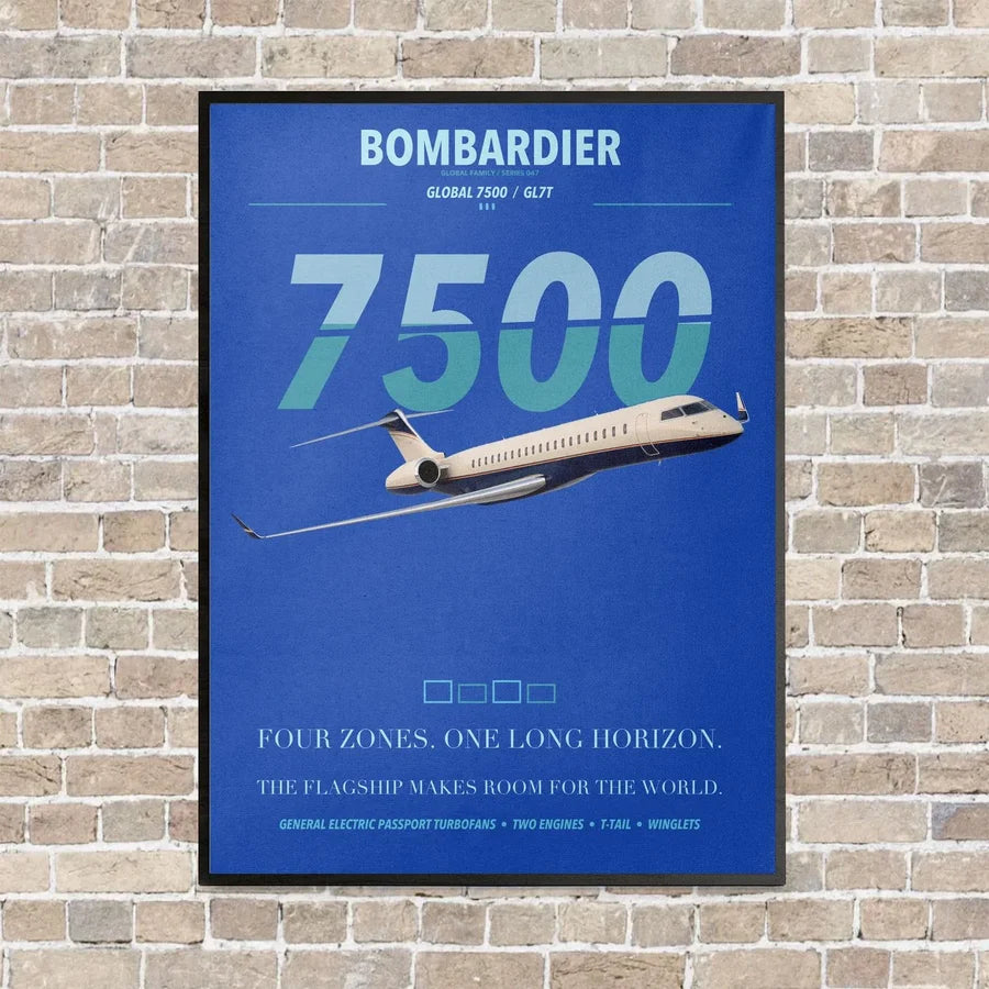 Bombardier Global 7500 vertical canvas print - framed - blue background