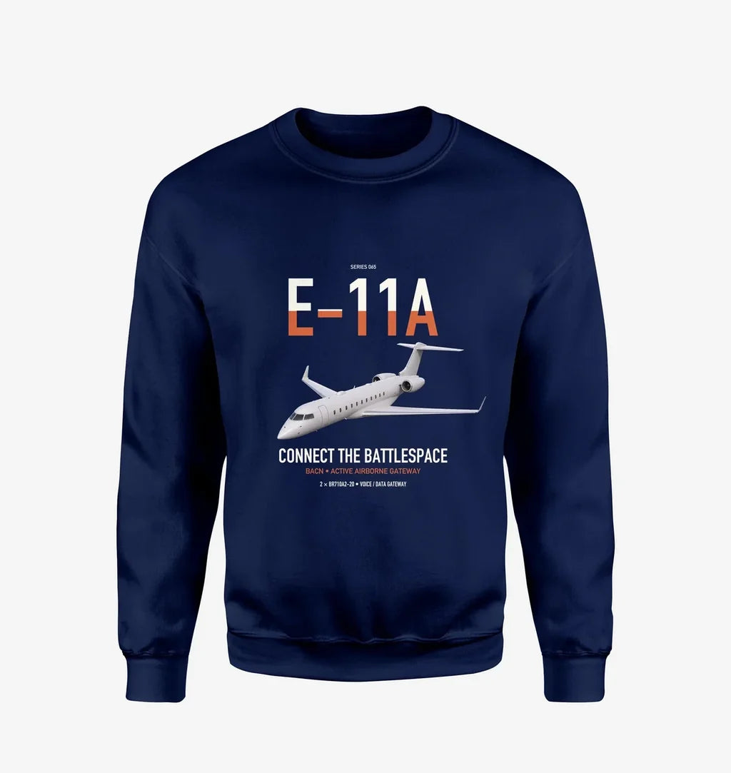 E-11A BACN design on navy blue sweatshirt