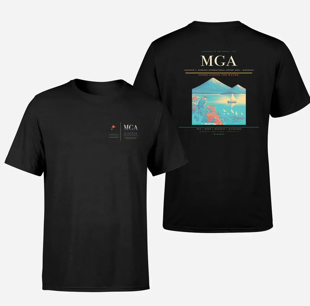 Augusto C. Sandino International Airport (MGA) design printed on black double-side t-shirt