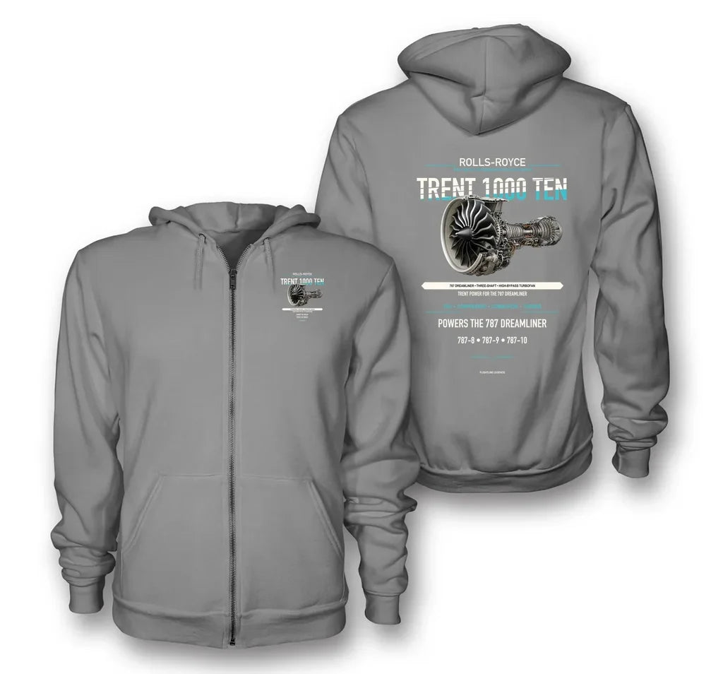 TRENT 1000 TEN design on gray zipped hoodie