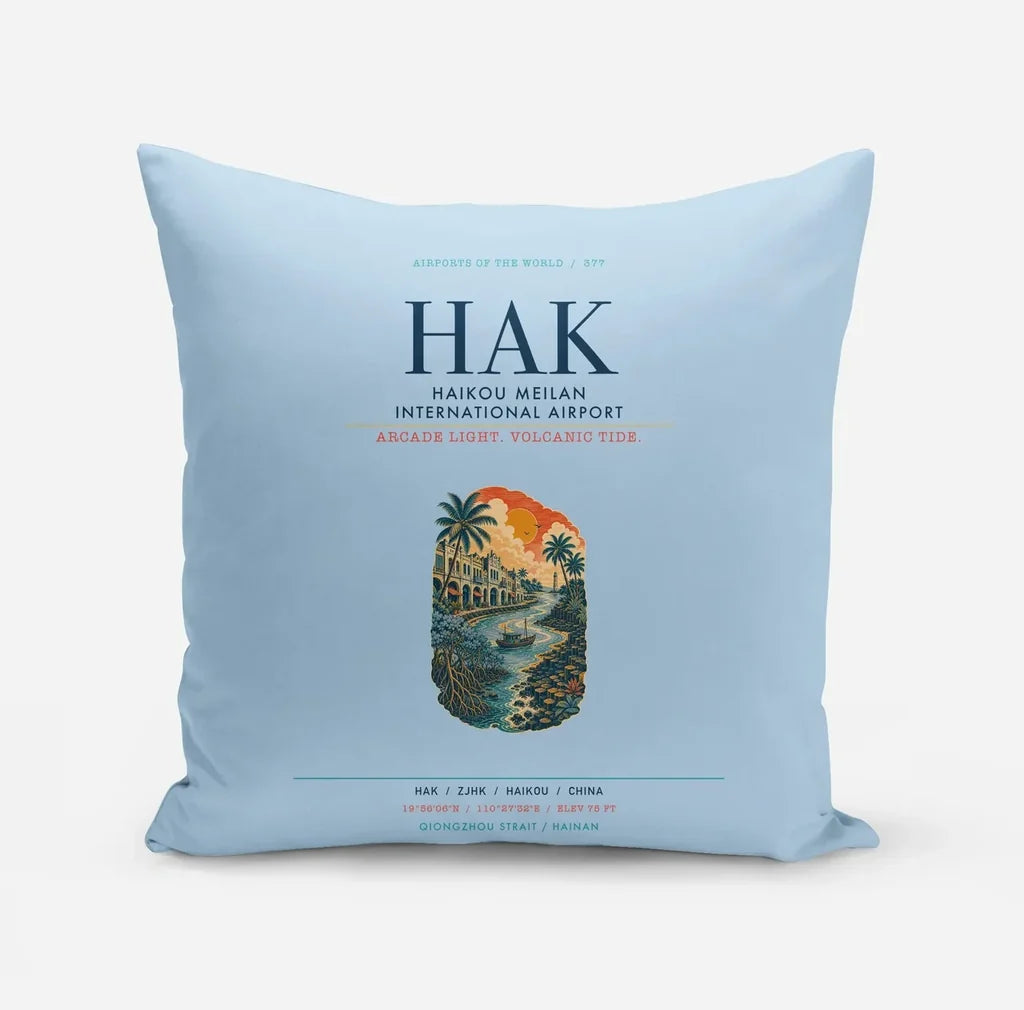 Haikou Meilan International Airport (HAK) design on light blue pillow