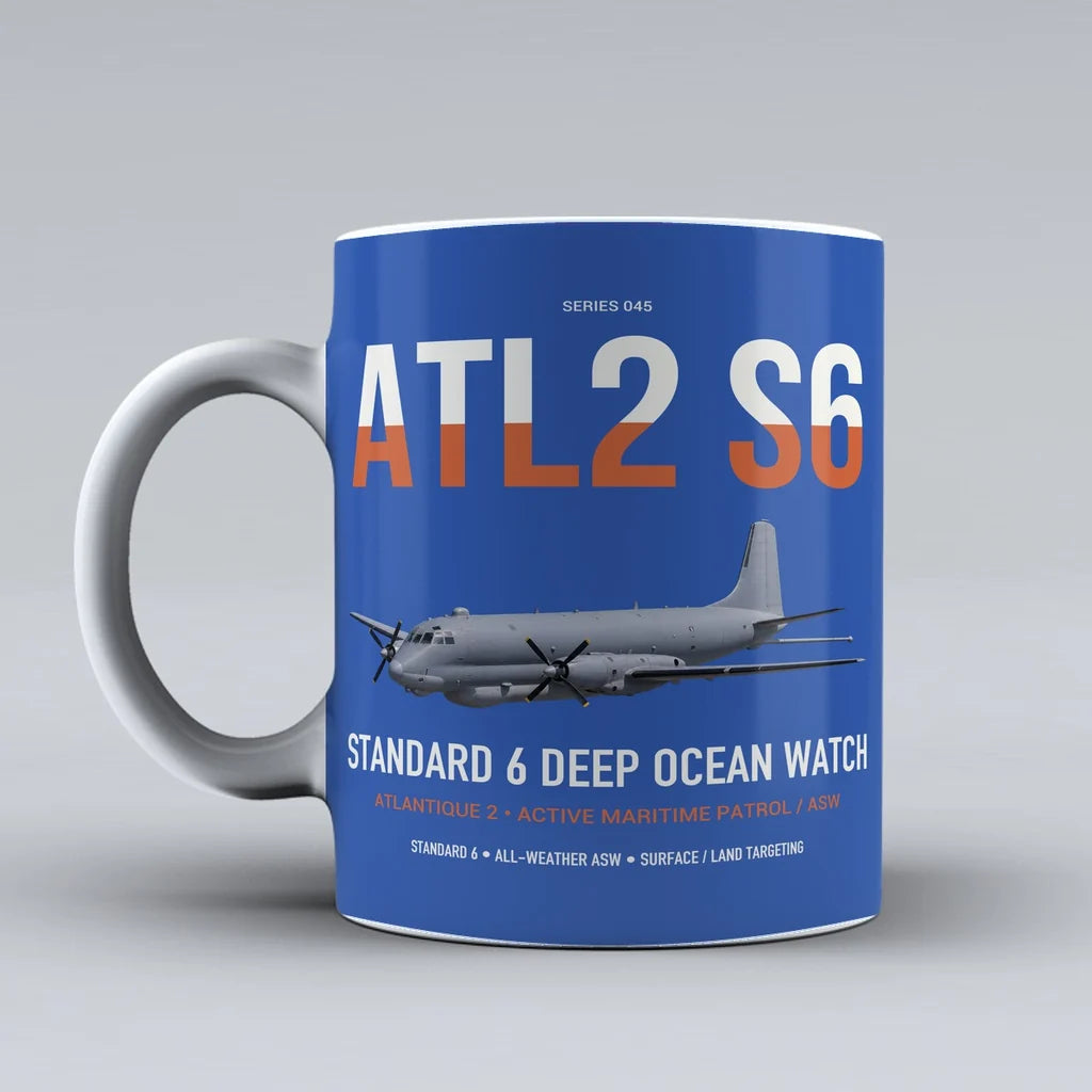 Atlantique 2 Standard 6 design on blue ceramic mug, double-side print