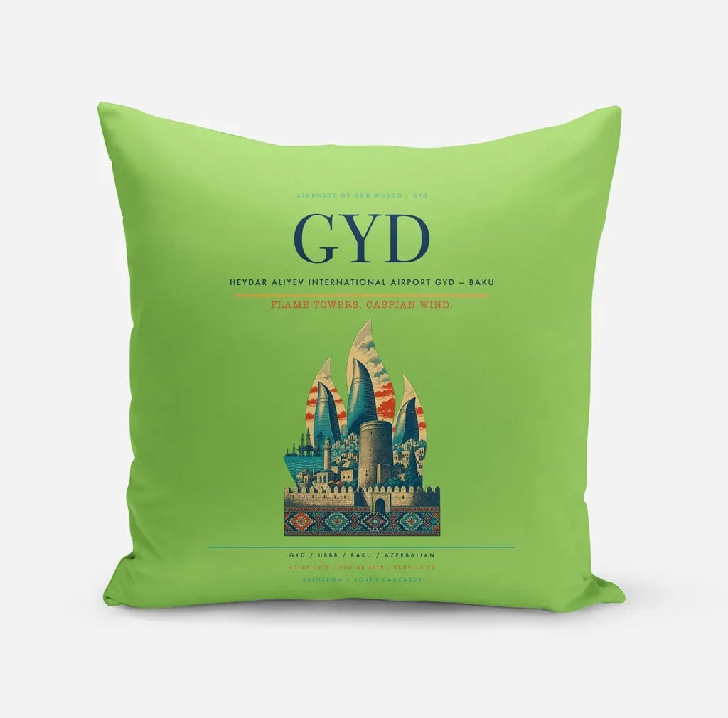 Heydar Aliyev International Airport (GYD) design on light green pillow
