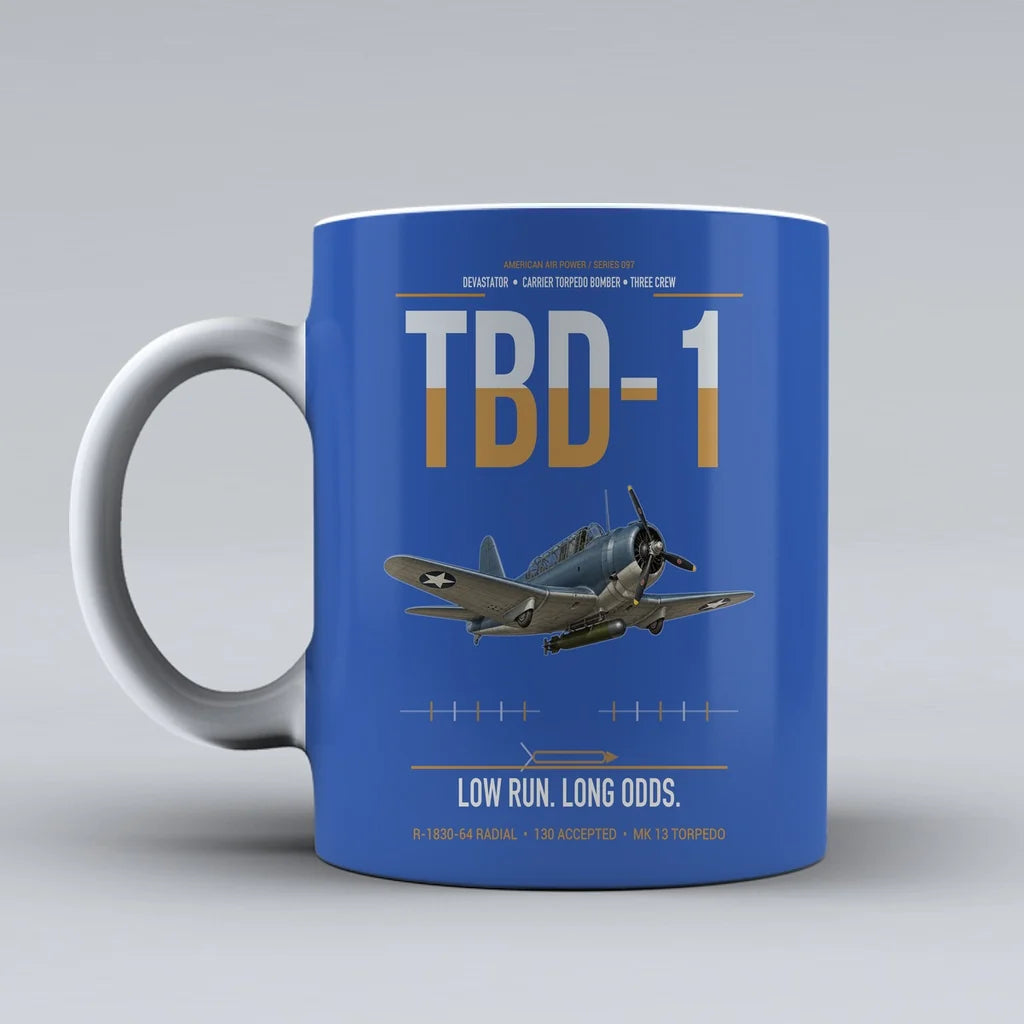 TBD-1 Devastator design on blue ceramic mug, double-side print