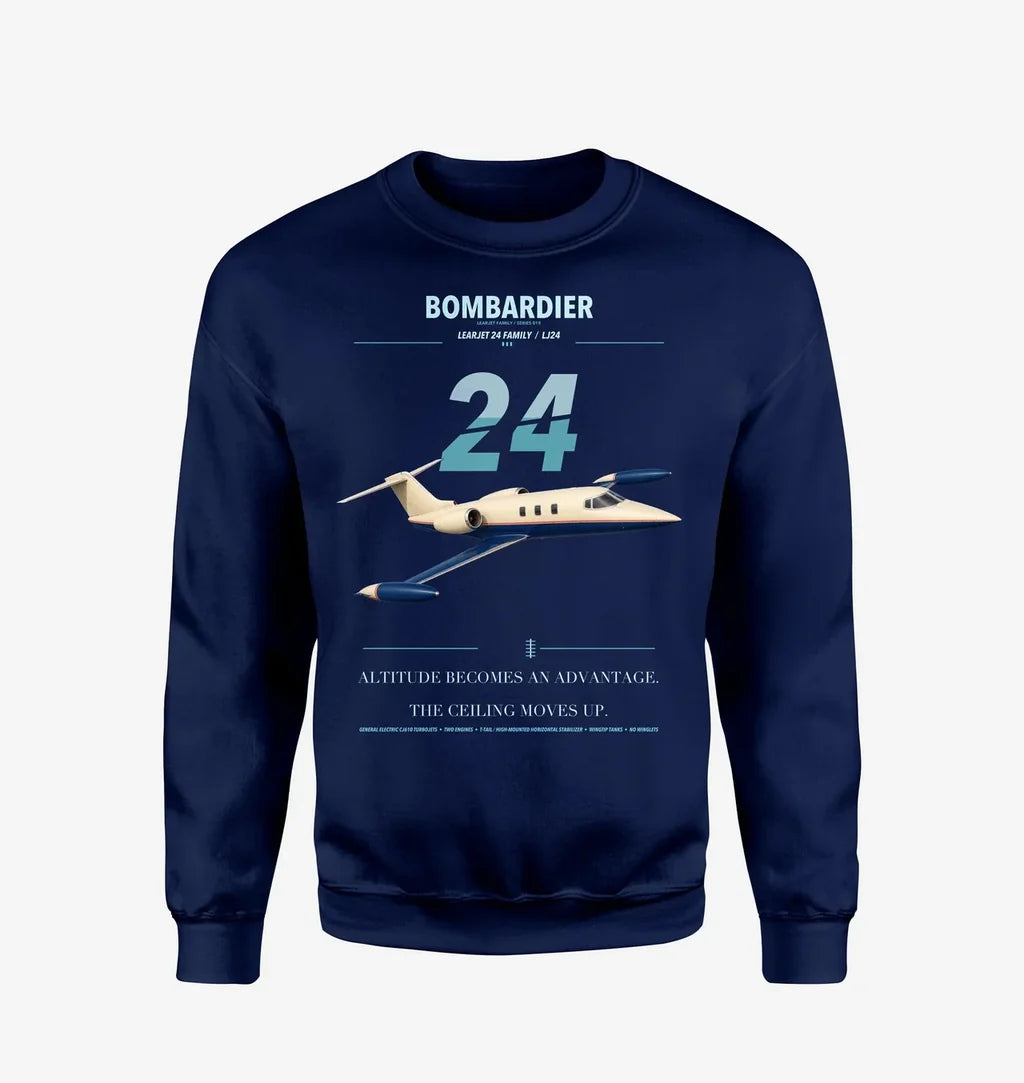 Bombardier Learjet 24 design on navy blue sweatshirt