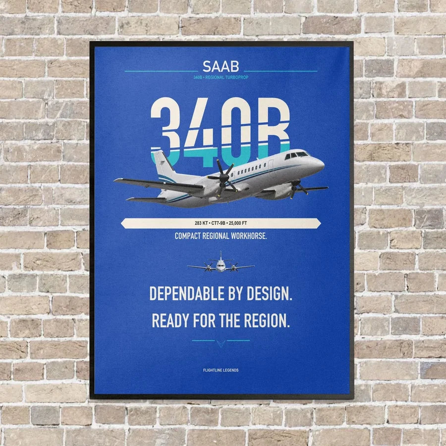 Saab 340B vertical canvas print - framed - blue background