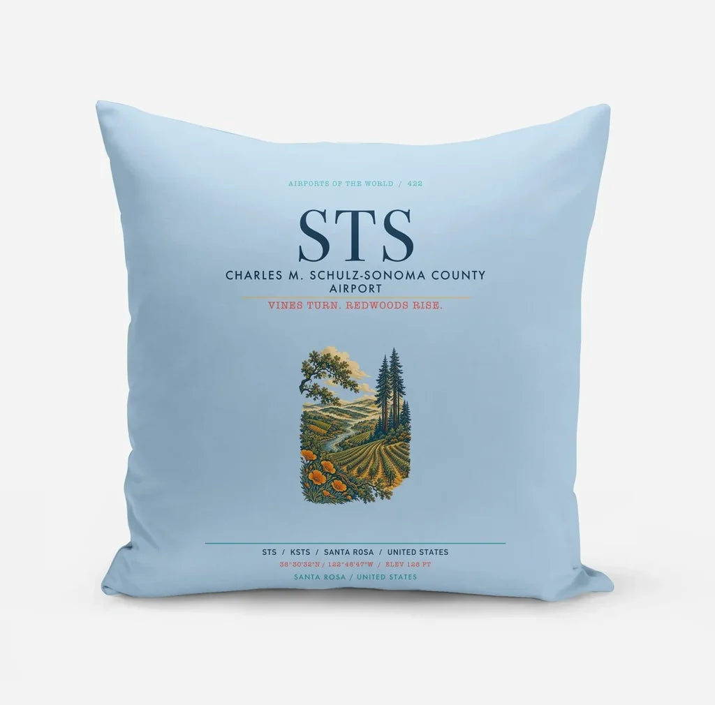 Charles M. Schulz–Sonoma County Airport Santa Rosa (STS) design on light blue pillow