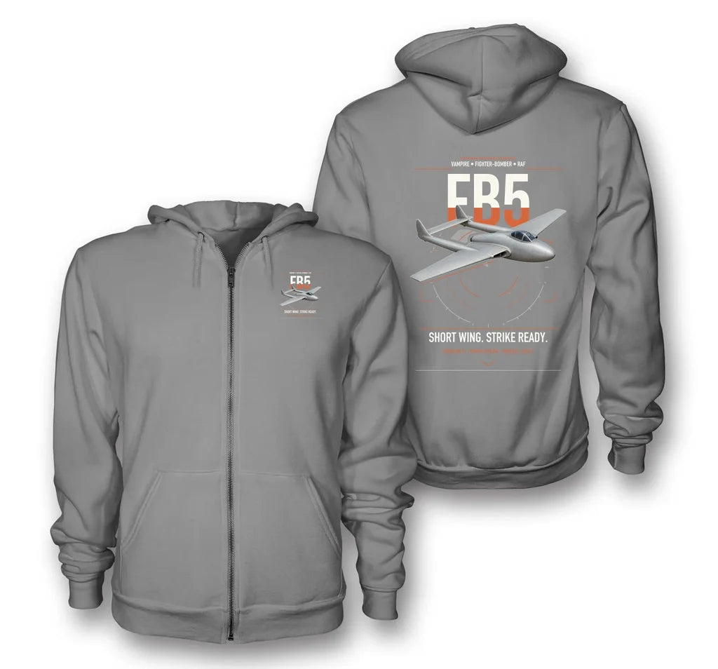 de Havilland Vampire FB5 design on gray premium zipped hoodie, double-side print