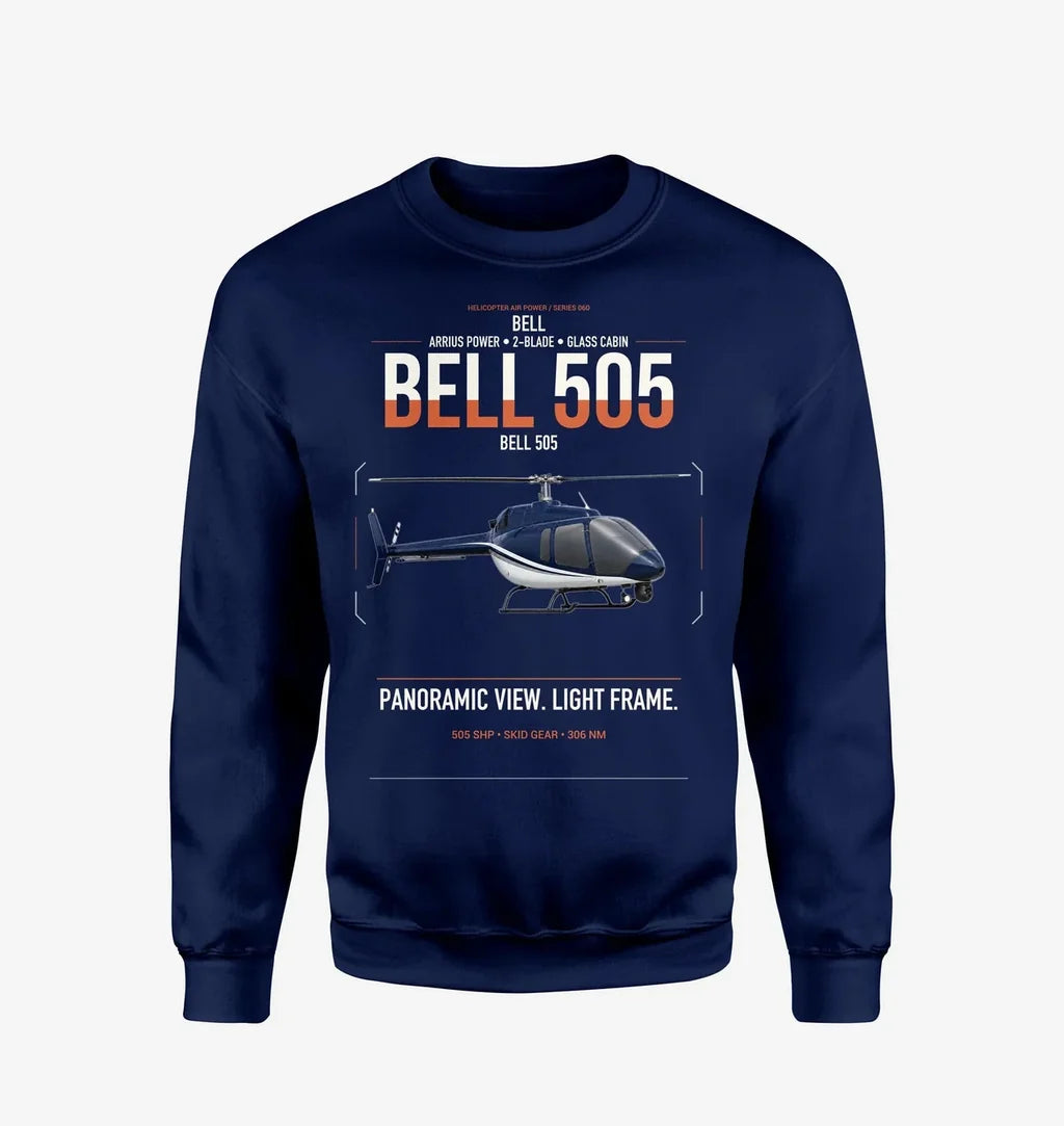 Bell 505 design on navy blue sweatshirt