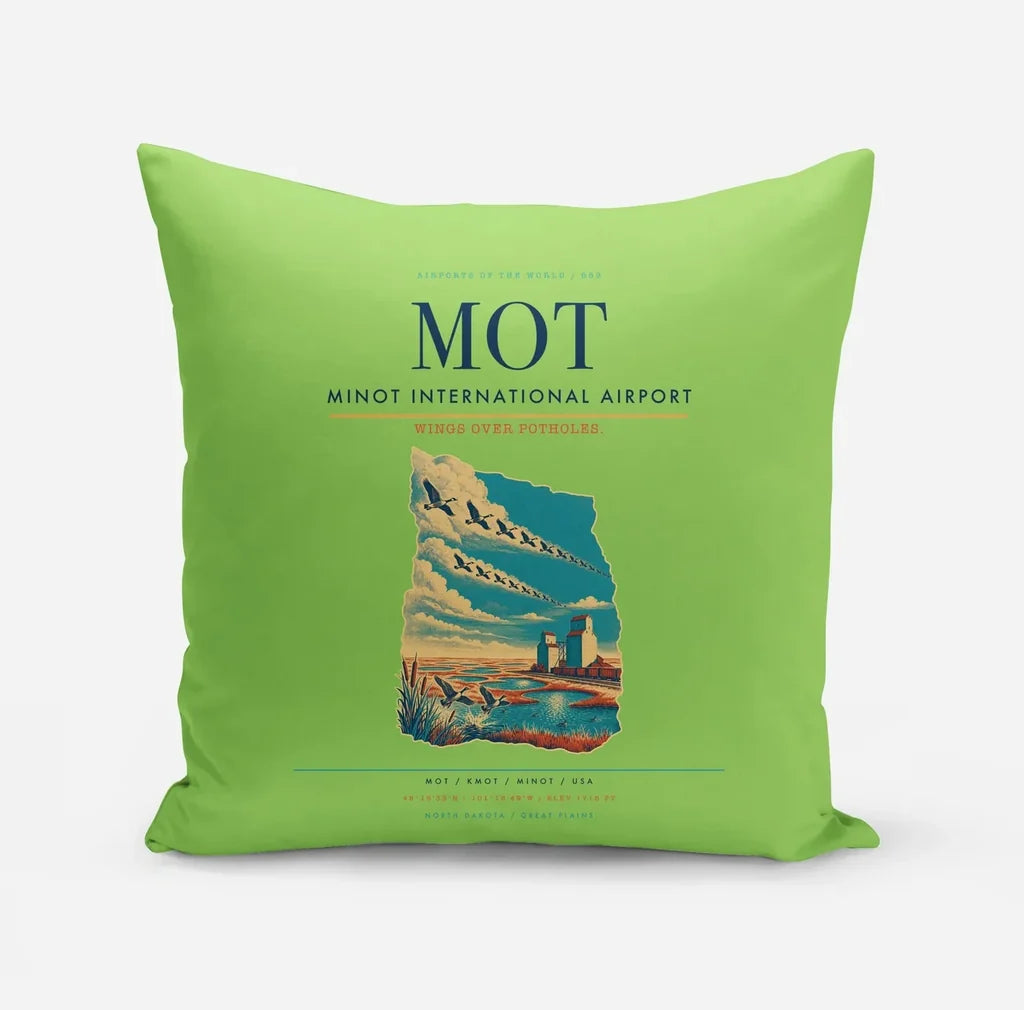 Minot International Airport (MOT) design on light green pillow