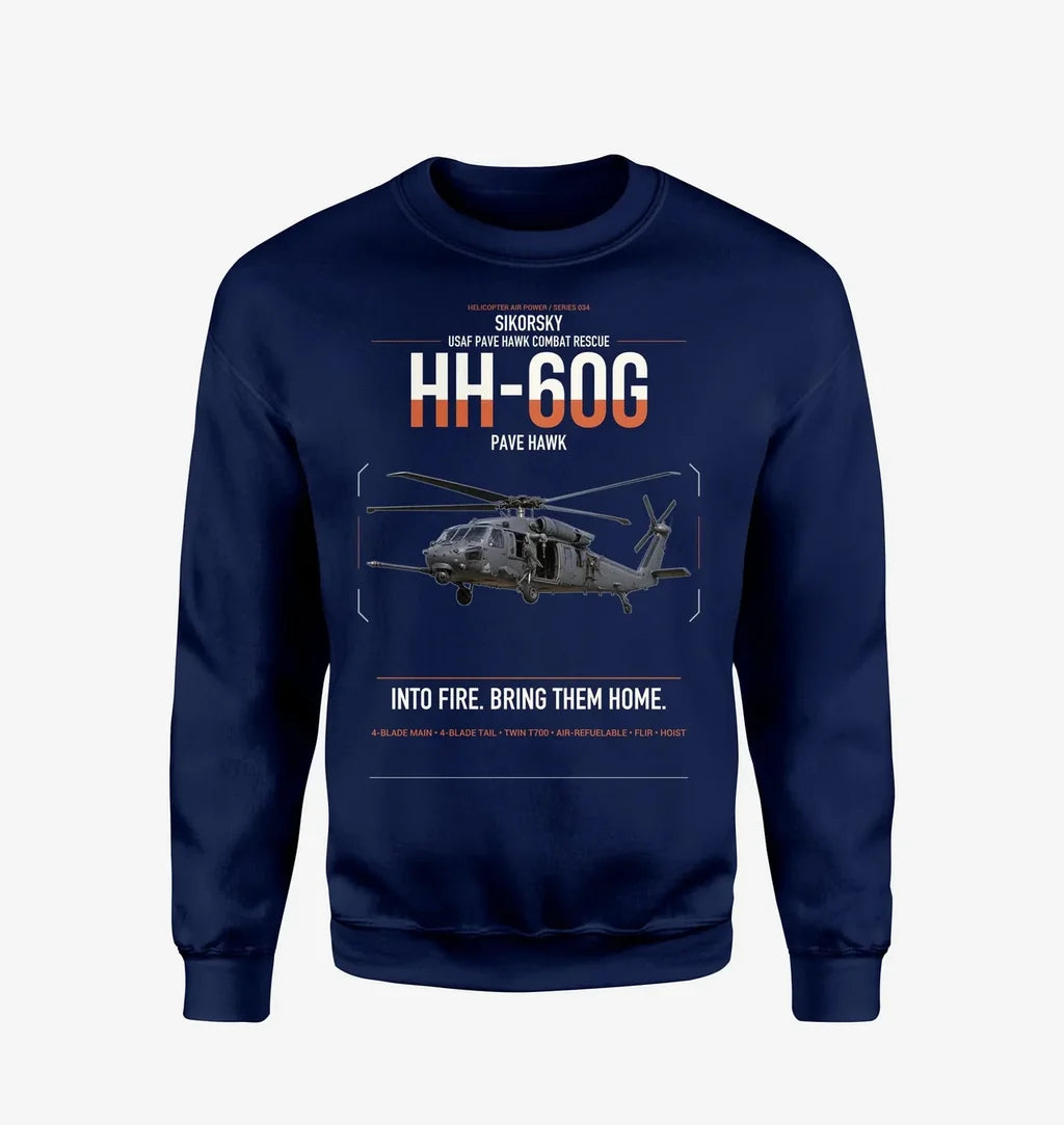 Sikorsky HH-60G Pave Hawk design on navy blue sweatshirt
