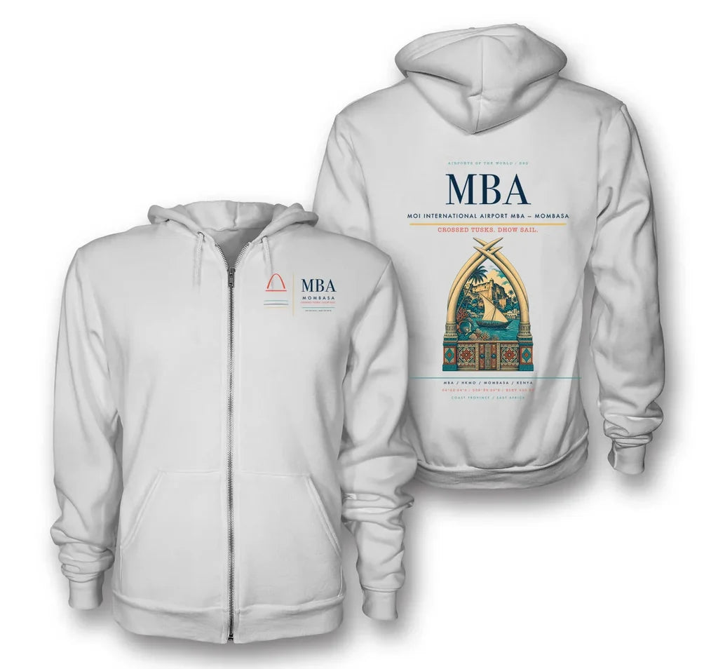Mombasa Airport (MBA) design on white premium zipped hoodie