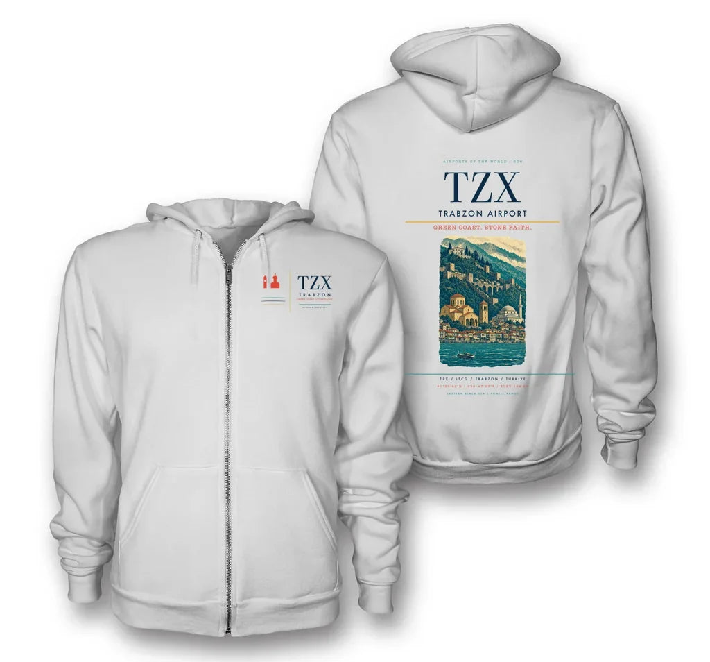 Trabzon Airport (TZX) design on white premium zipped hoodie