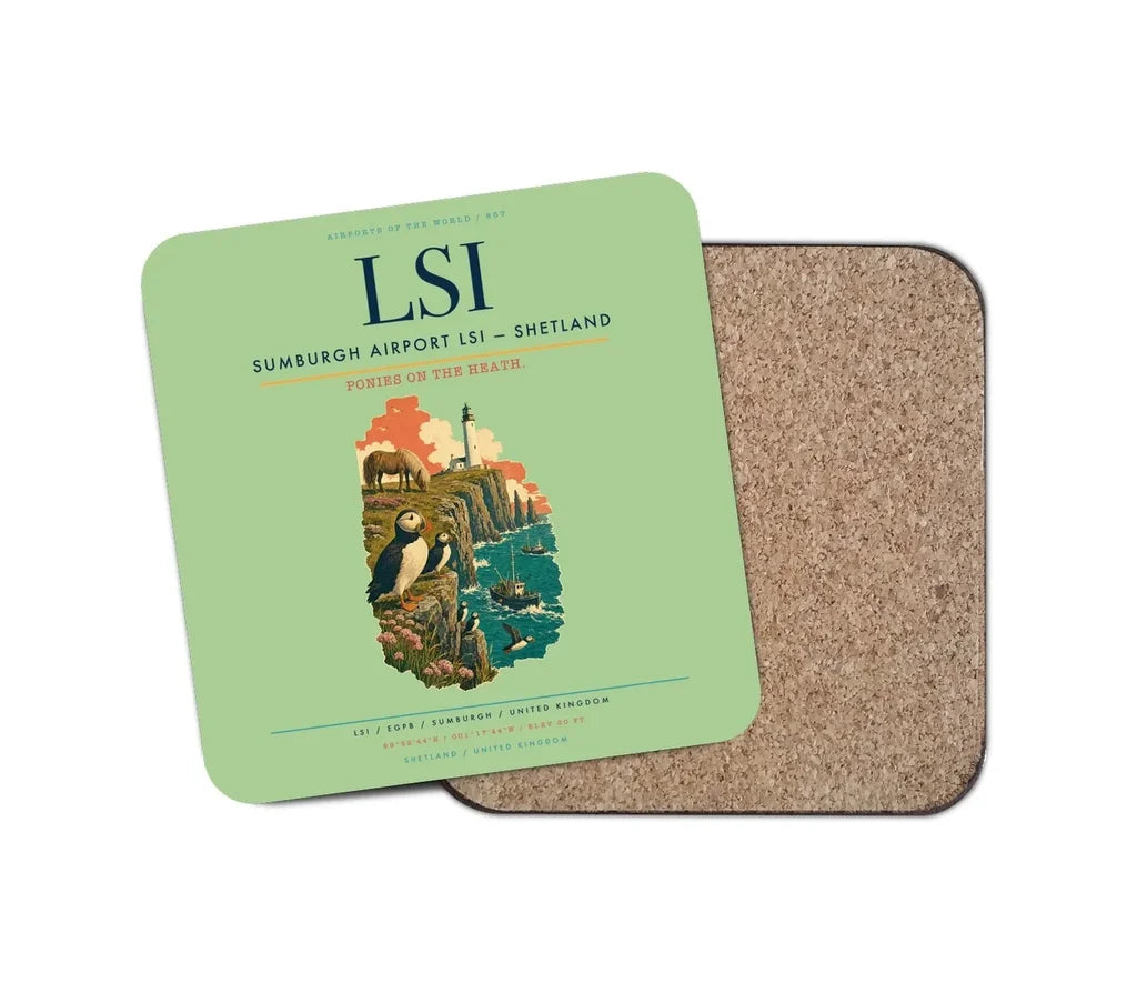 Sumburgh Airport (LSI) design on light green 1 piece coaster