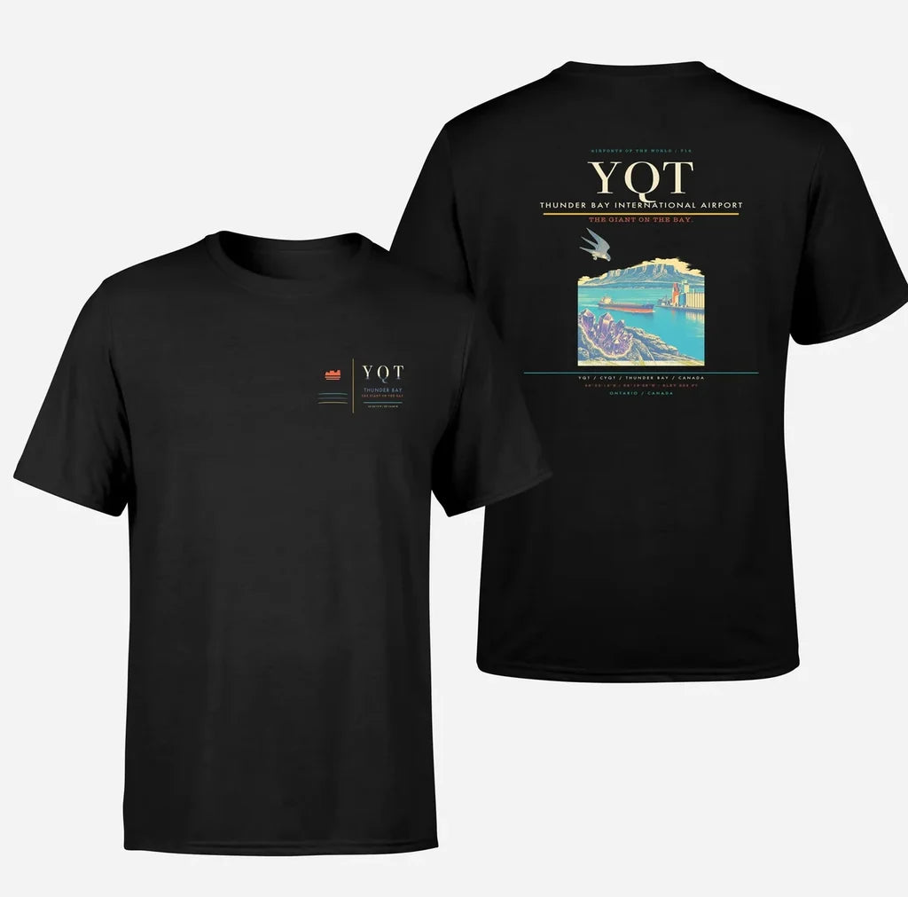 Thunder Bay International Airport (YQT) design printed on black double-side t-shirt