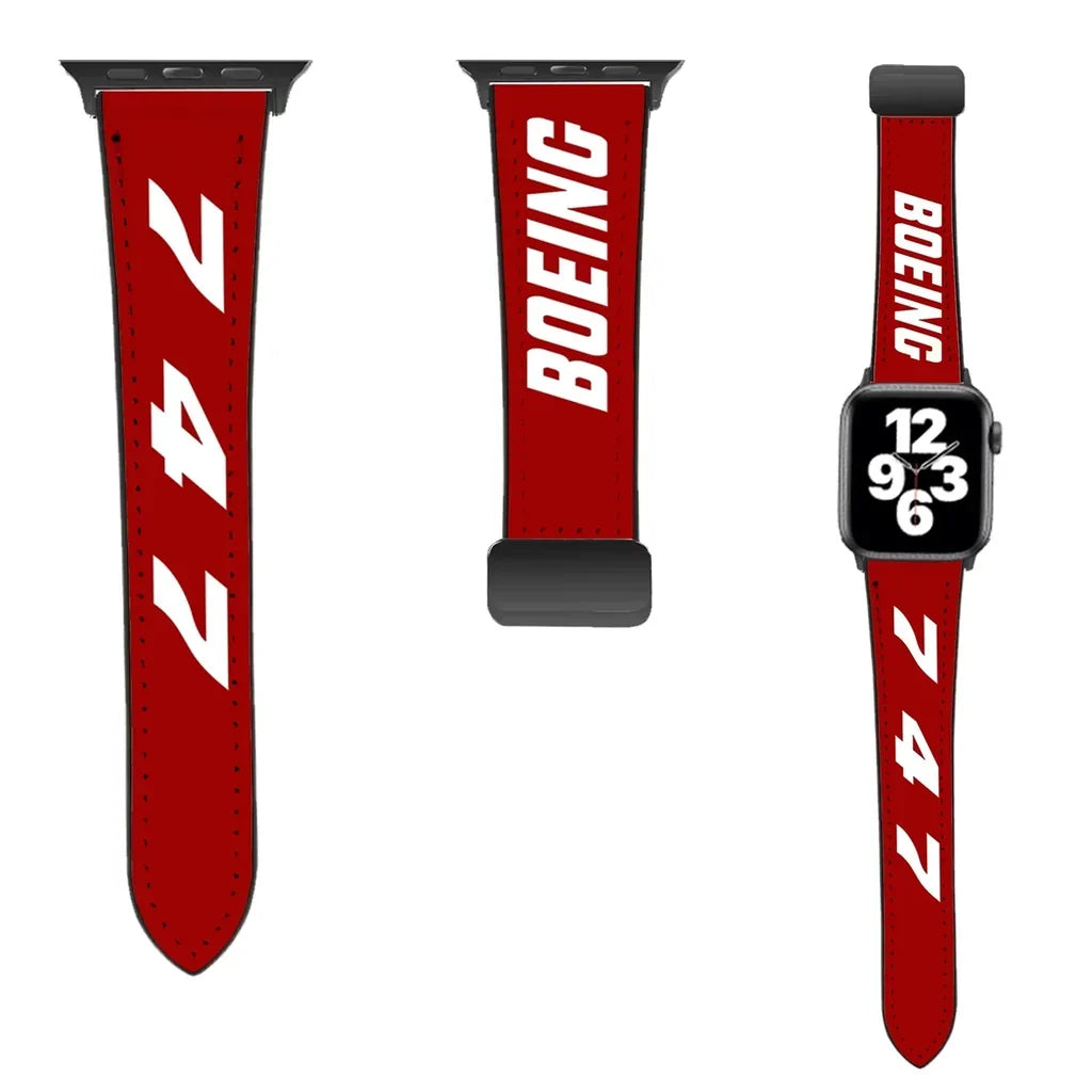 Boeing 747 Flat Text leather apple watch band - red