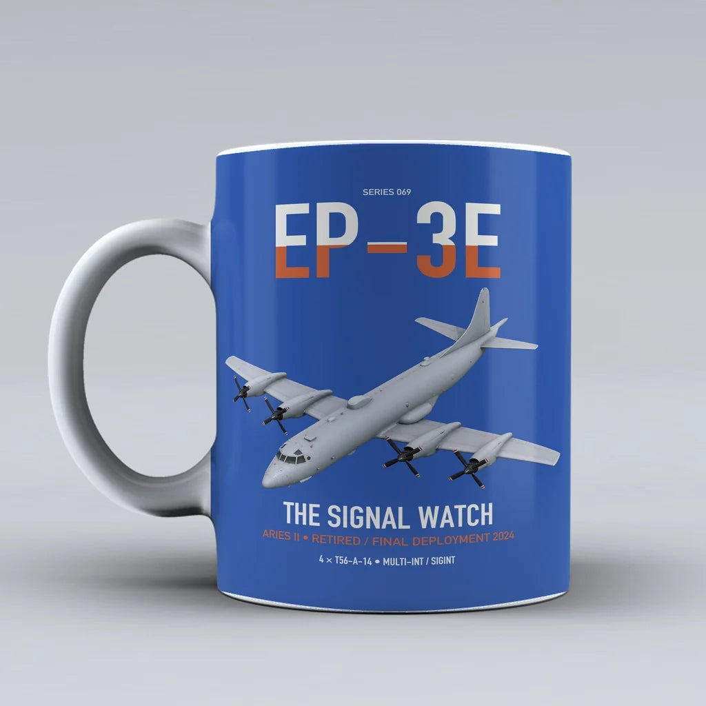EP-3E ARIES II design on blue ceramic mug, double-side print