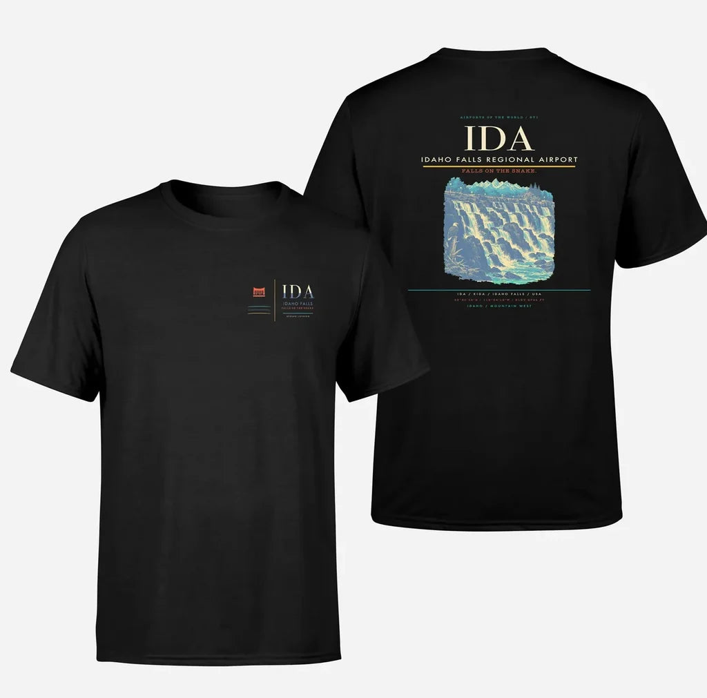 Idaho Falls Regional Airport (IDA) design printed on black double-side t-shirt
