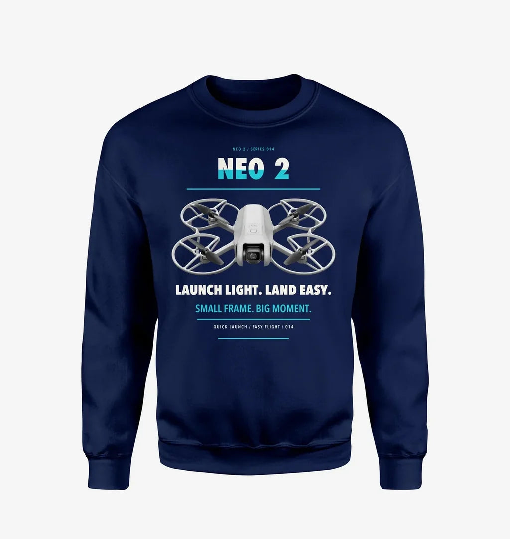 DJI Neo 2 design on navy blue sweatshirt