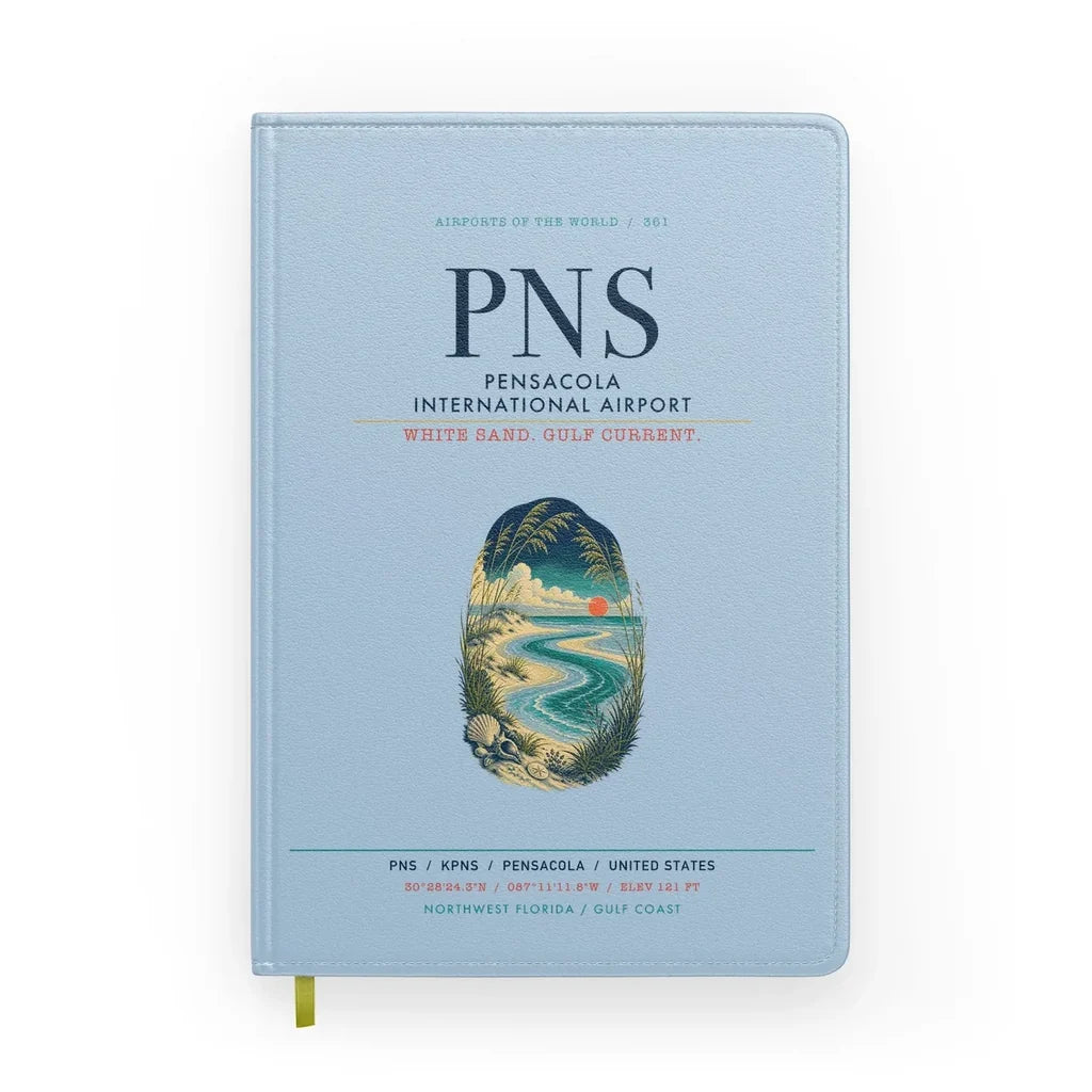 Pensacola International Airport (PNS) design on light blue notebook