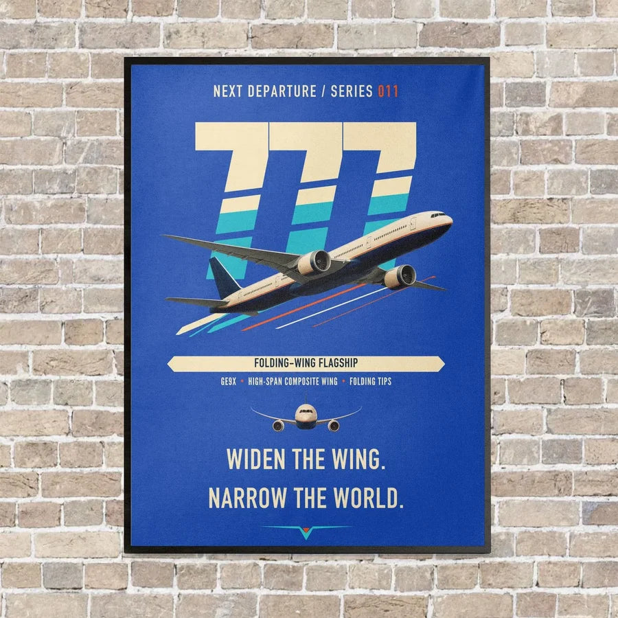 Boeing 777-9 vertical canvas print - framed - blue background