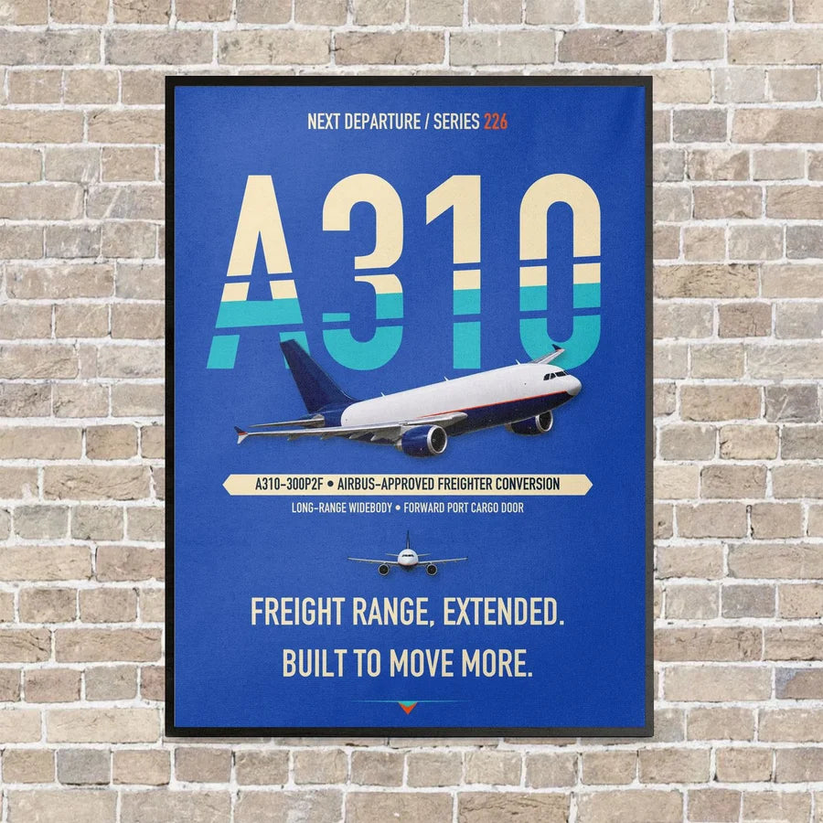 Airbus A310-300P2F vertical canvas print - framed - blue background