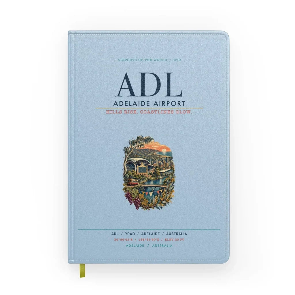 Adelaide Airport (ADL) design on light blue notebook