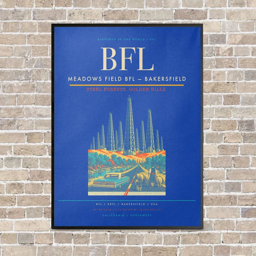 Meadows Field BFL — Bakersfield vertical canvas print - framed - blue background