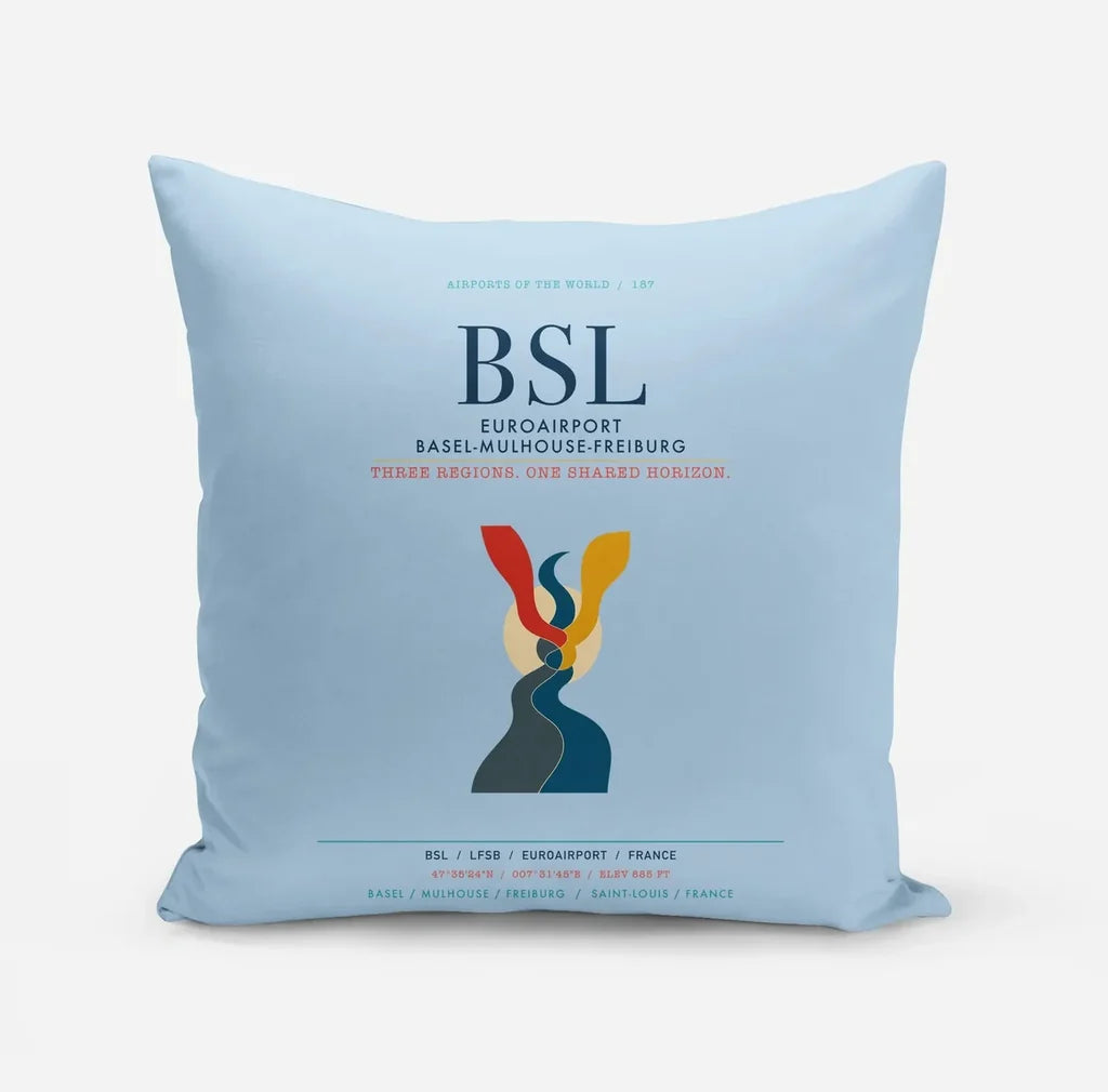 EuroAirport Basel-Mulhouse-Freiburg (BSL) design on light blue pillow