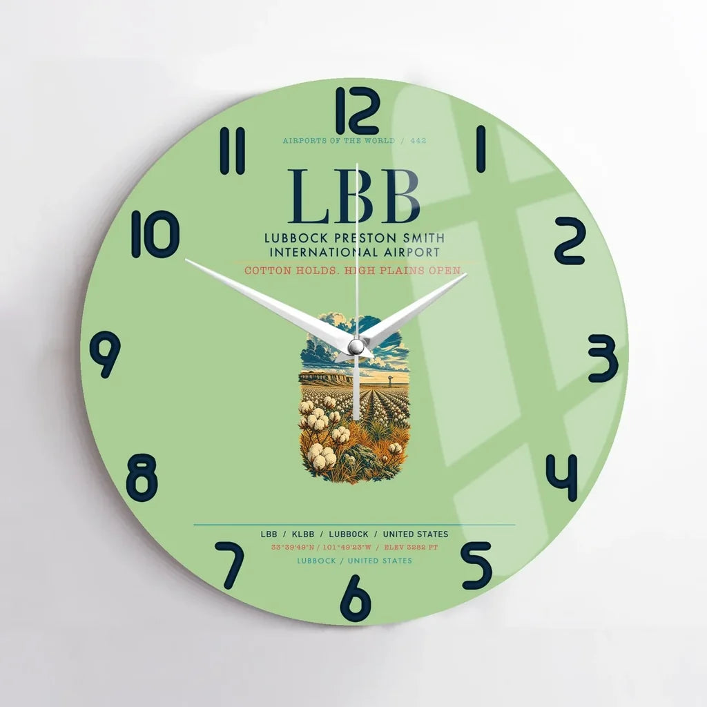 Lubbock Preston Smith International Airport (LBB) design on light green no frame wall clock