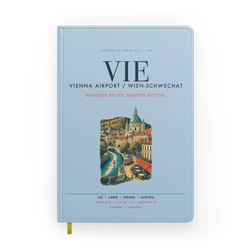 Vienna Airport (VIE) design on light blue notebook