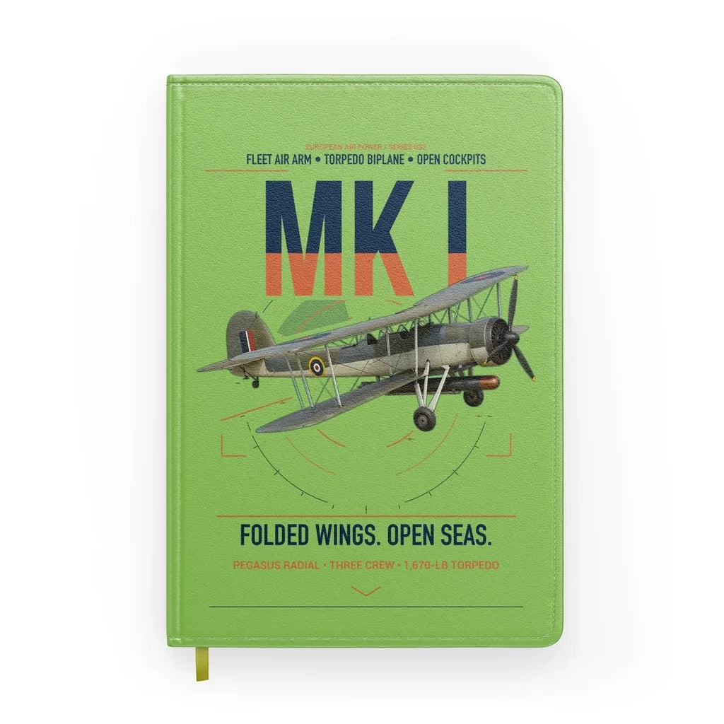Fairey Swordfish Mk I design on light green notebook