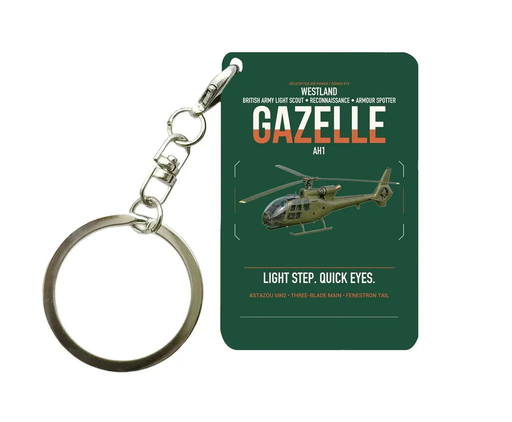 Westland Gazelle AH1 design on dark green designed key chain, double-side print