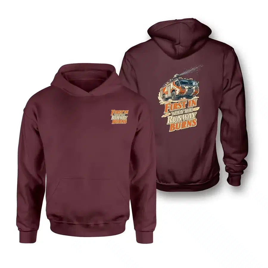 SIGNAL 580 - First In When The Runway Burns - Double-Side Hoodie design on dark red double side hoodie