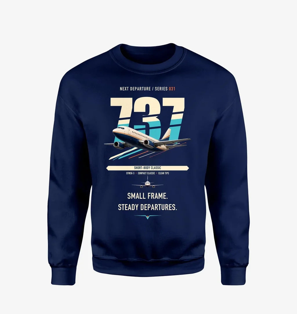 Boeing 737-500 Classic design on navy blue sweatshirt