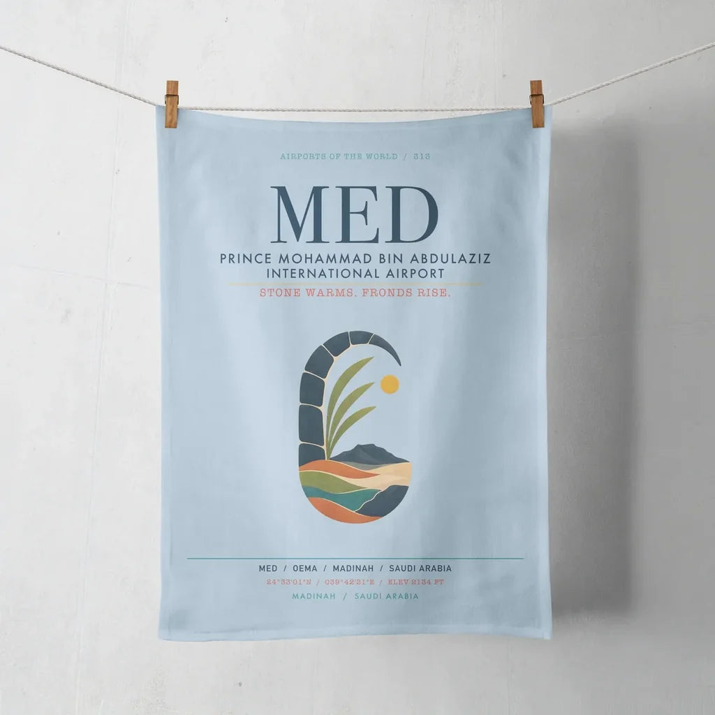 Prince Mohammad Bin Abdulaziz International Airport (MED) design on light blue towel
