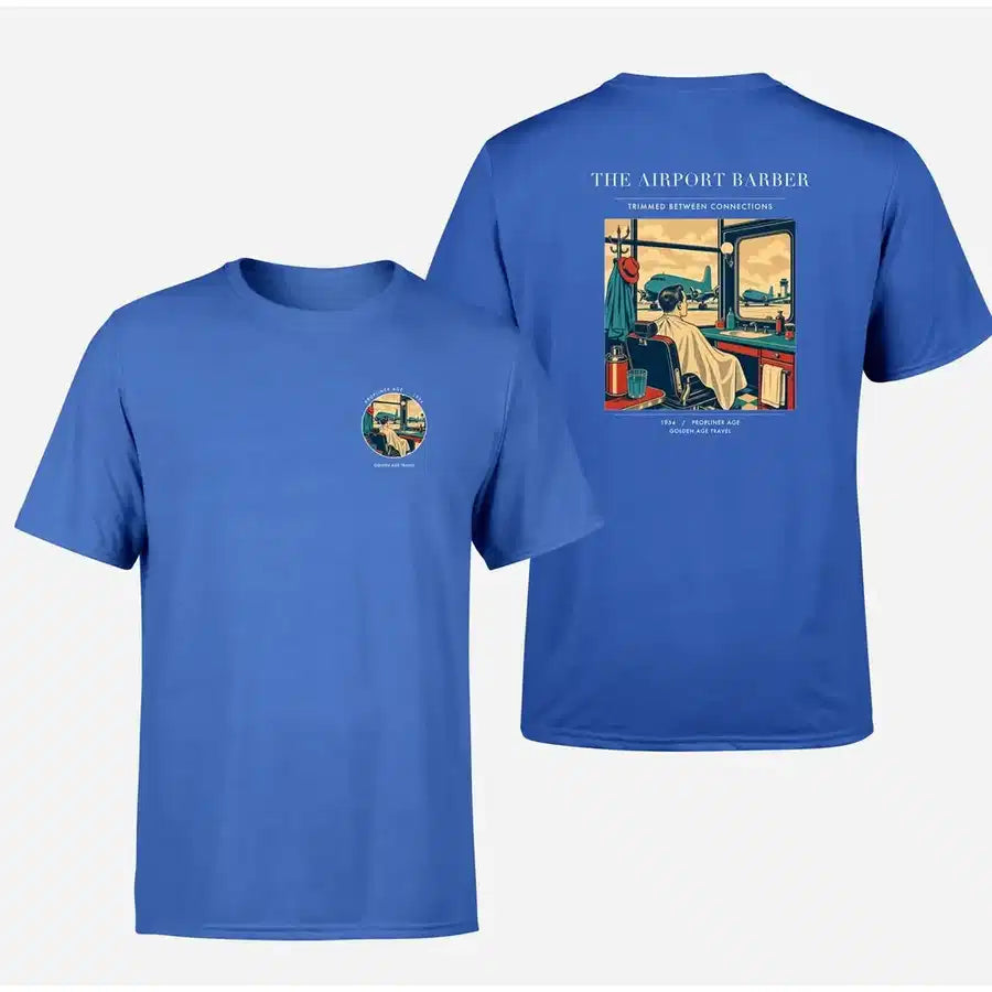 VINTAGE G4377 - The Airport Barber - Double-Side T-Shirt design on blue double side t shirt