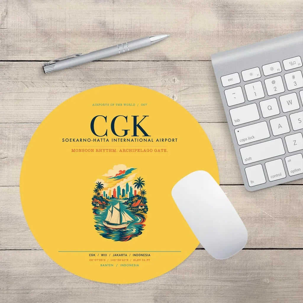 Jakarta Soekarno-Hatta International Airport (CGK) design on yellow round mouse pad