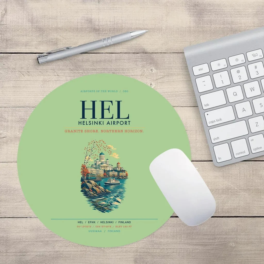 Helsinki Airport (HEL) design on light green round mouse pad