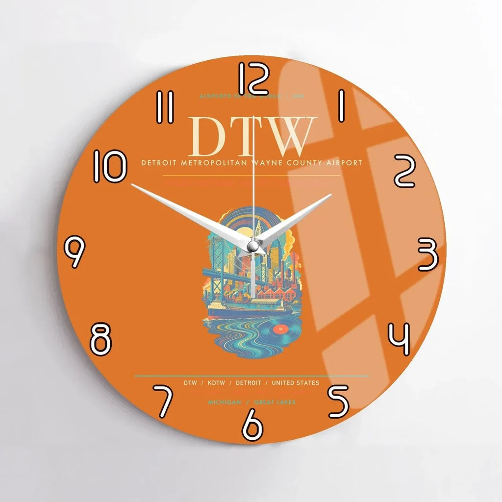 Detroit Metropolitan Wayne County Airport DTW Wall-Clock No-Frame - Orange