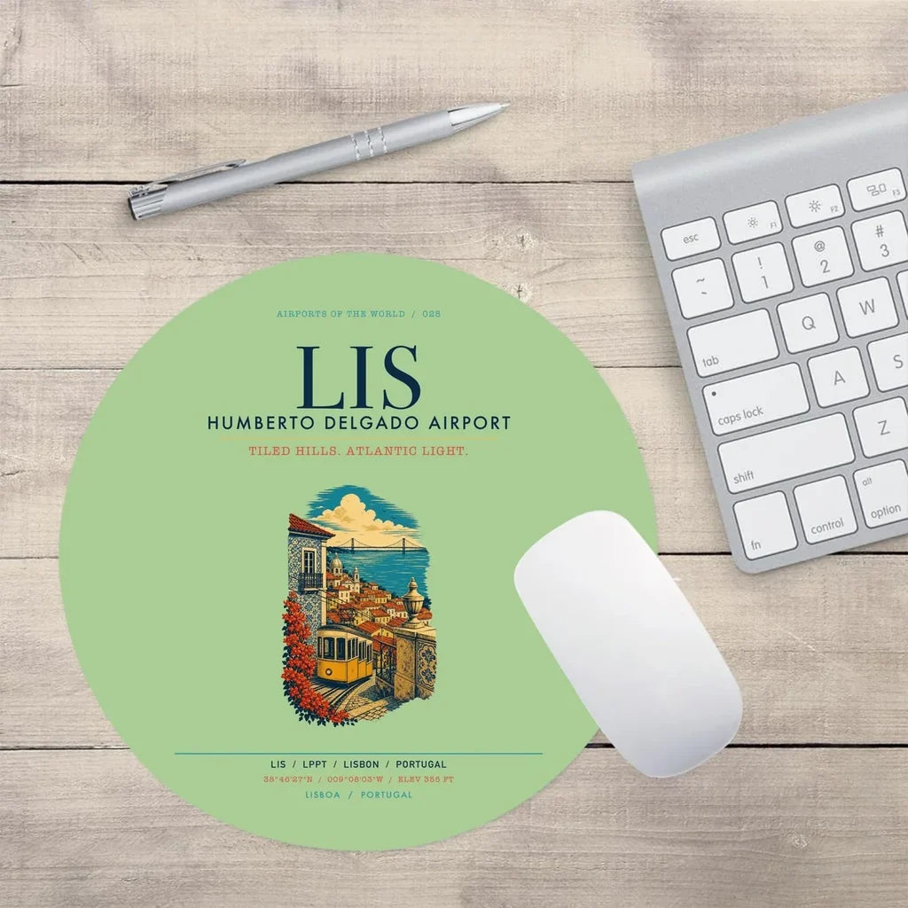 Lisbon Humberto Delgado Airport (LIS) design on light green round mouse pad
